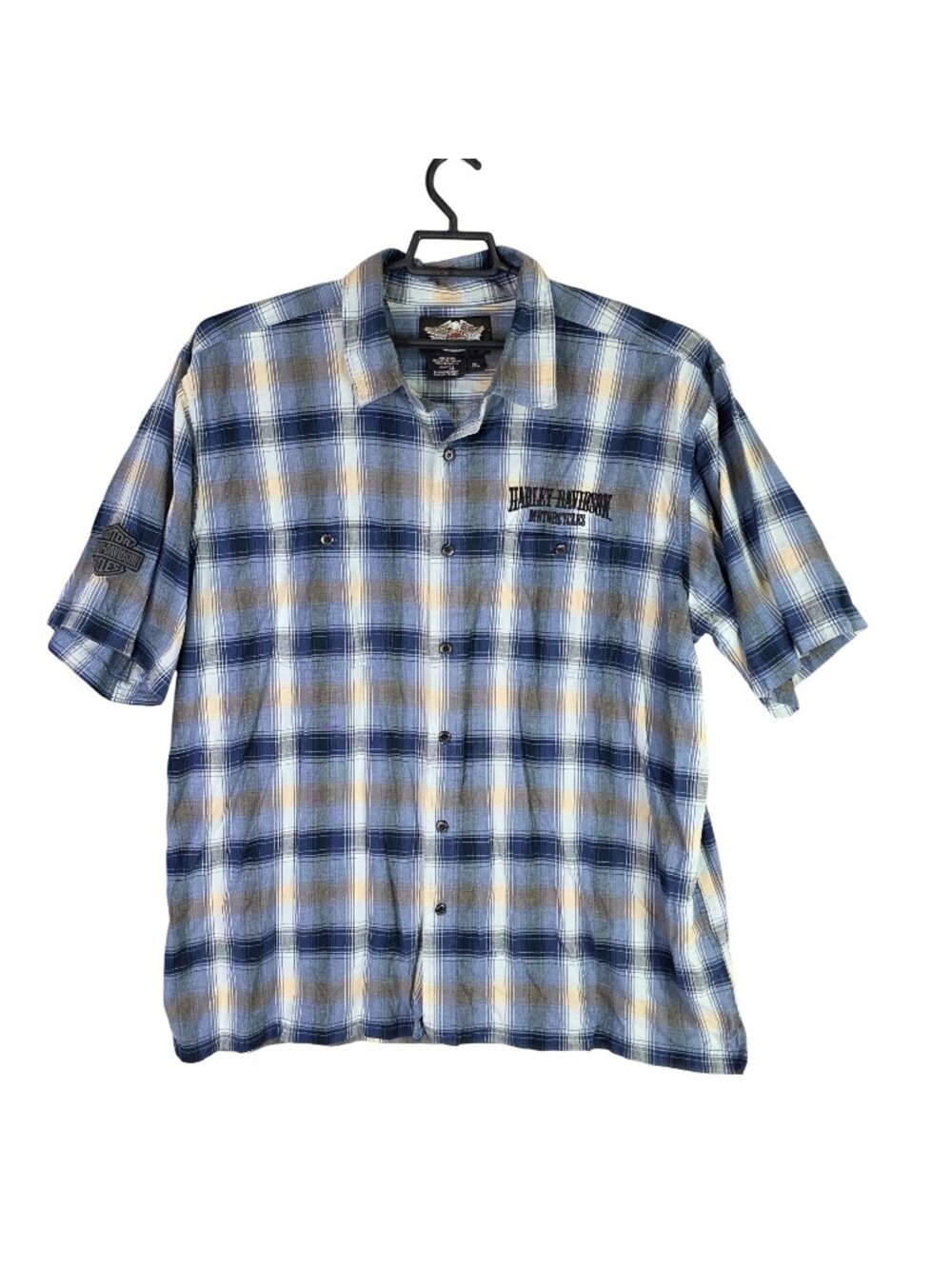 Mens Harley-Davidson Blue Plaid Button Up Cotton Shirt Short Sleeve Size 2XL